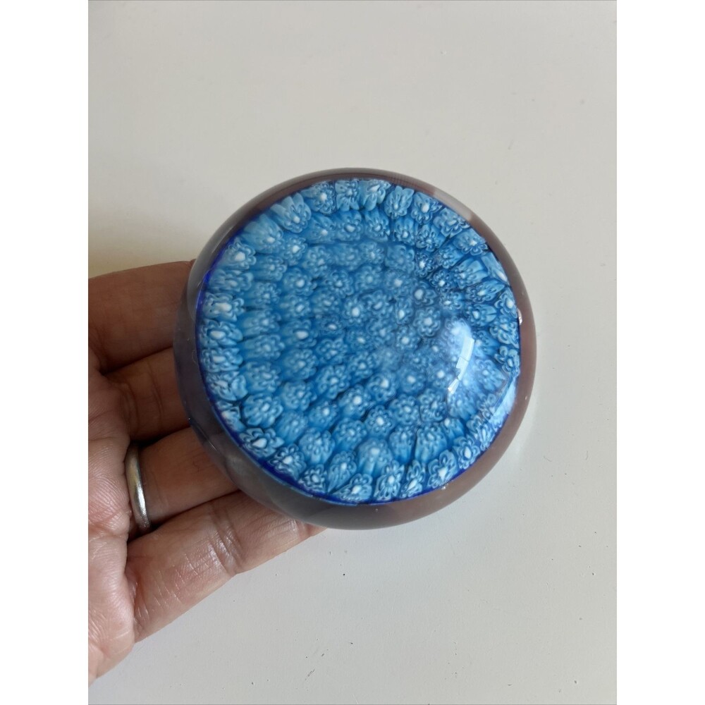 EUC VTG Blue White Murano 2.5” Micro Millefiori Glass Polished Base Paperweight